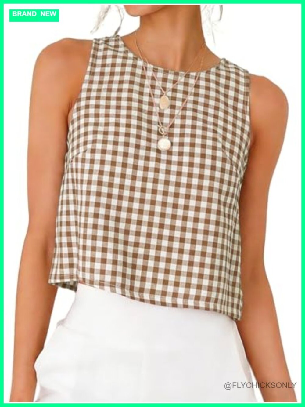 Womens Gingham Plaid High Neck Crop Tank Top Sleeveless Back Button Summer